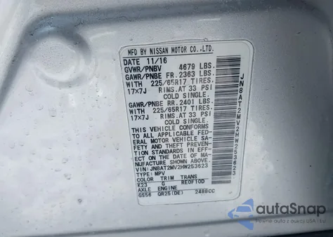 2017 Nissan Rogue Sv z USA, uszkodzony, nr VIN JN8AT2MV2HW253623